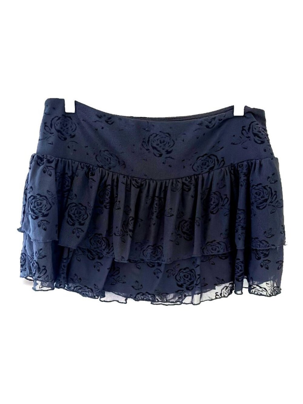 VTG Y2K Tiered Velvet Burnout Micro Mini Skirt Sz L Mesh Floral Fairy Whimsigoth